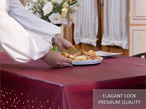 Neatiffy 54 x 108 Inch Rectangle Plastic Table Cloth Picnic/Camping/Birthday Party/Banquet Table Cover. Disposable/Reusable Tablecloths - Burgundy with Golden Dot - color: Burgundy With Gold Dot