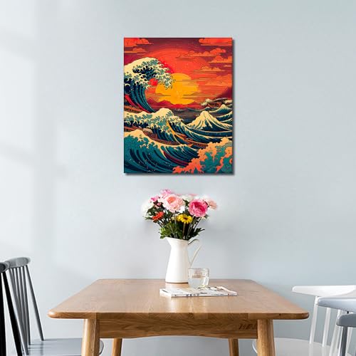 TUMOVO Japan Landscape Adult Paint by Number Kit Big Waves | Japan big waves 16x20 inch canvas art kit, relaxing offline hobby with acrylic paints, 3 brushes and easy numbered guide. - color: Wave