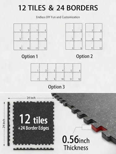 Mikolo 0.56'' Thick 12 Pcs 48 Sq Ft Gym Flooring Mats, High-Density EVA Foam with Rubber Top, Interlocking Exercise Equipment Mats for Home Gym, Protective Workout Mat - size: 24"L x 24"W x 0.6"Th | 12 Tiles (48 Sq Ft)