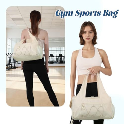 Oweisong Gym Bag for Women Sports Duffel Bag Lightweight Yoga Tote Travel Carry On Handbag with Shoes Compartment - color: Begie