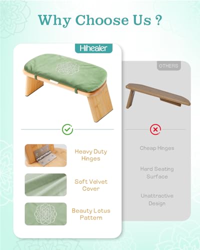 Hihealer Folding Bamboo Meditation Bench with Cushion & Carry Bag – Ergonomic Yoga and Prayer Stool for Comfort and Posture Support (Green) - color: Green
