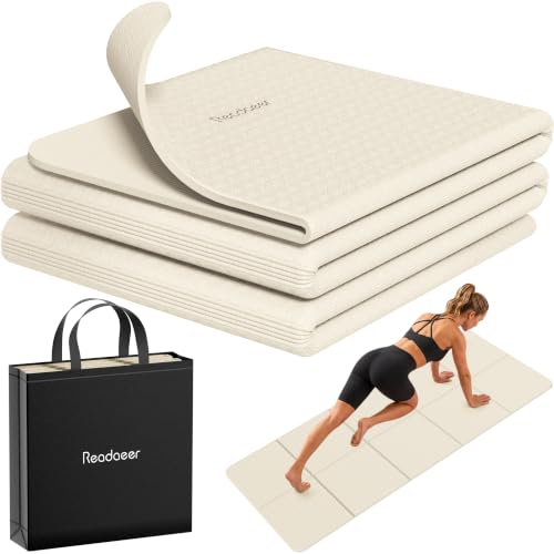 Readaeer Foldable Yoga Mat for Travel Folding Yoga Mat 6mm Thick with Carrying Bag, Non-Slip TPE Exercise Pilates Mat for 72" L x 24" W x 0.24 Inch - color: Beige