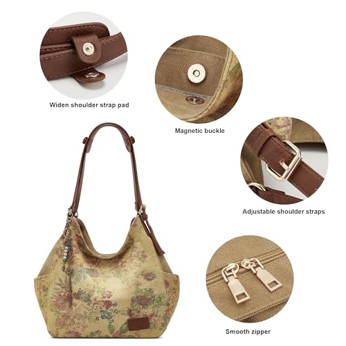 Worldlyda Women Canvas Hobo Purse Multi Pocket Tote Shopper Shoulder Bag Casual Top Handle handbag with Embroidery Ethnic - color: Be06brown Pattern 2