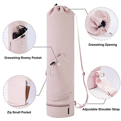 sportsnew Yoga Mat Bag Drawstring Pocket-Full Zip Cargo Yoga Mat Carrier Bag with Water Bottle Pocket and Bottom Wet Pocket Exercise Yoga Mat Carrier Multi-Functional Storage Bag, Pink & Pink