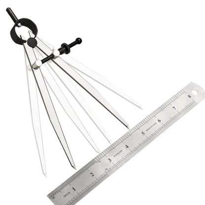 Professional Metal Compass Set, 8 Inch Adjustable Divider Leather Compass & 8 Inch Steel Ruler, Drafting Compass Tool for Leather Work, Woodworking, Metalworking, Geometry Drawing