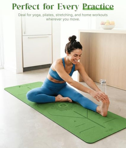 ROMIX Pro Yoga Mat With Alignment Lines, 6Mm Thick Non-Slip Exercise Mat | 72 x 24 In TPE Large Pilates Mat For Home Workout, Stretching, Training, Meditation, Carry Bag Included For Women And Men - color: Green