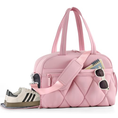 Women's Duffle Gym Bag, Carry-On Shoe Compartment for Weekender Overnight - color: Light pink, size: Medium
