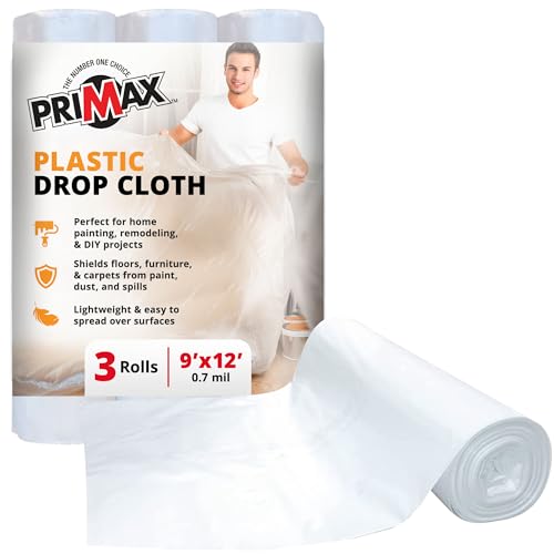 PRIMAX Clear Plastic Drop Cloth 9x12 ft (3 Pack) – Waterproof Painters Plastic Sheeting for Painting, Furniture Covers & Dust Protection – Easy Cleanup, Mess-Free Solution for Painting or Renovations - size: 9' x 12' - 3 pack