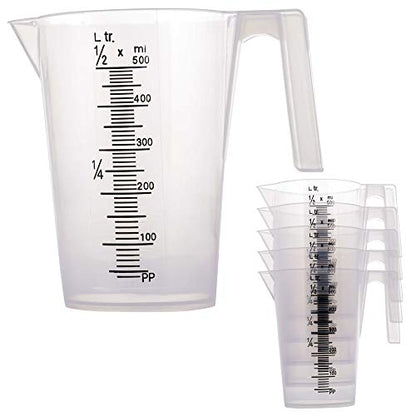 TCP Global 1/2 Liter (500ml) Plastic Graduated Measuring and Mixing Pitcher (Pack of 6) - Holds Over 1 Pint (16oz) - Pouring Cups, Measure & Mix Paint, Resin, Epoxy, Kitchen Cooking Baking Ingredients - size: 500ml