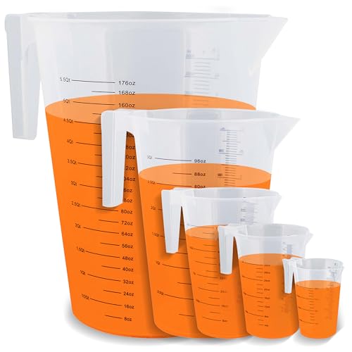ABN 5 Piece Set of Graduated Paint Mixing Pitchers Quart and Gallon Sized Mixing Cups - 5000 ml, 3000 ml, 2000 ml, 1000 ml, 500 ml Plastic Mixing Cups for Paint, Resin, Epoxy and Home Kitchen and
