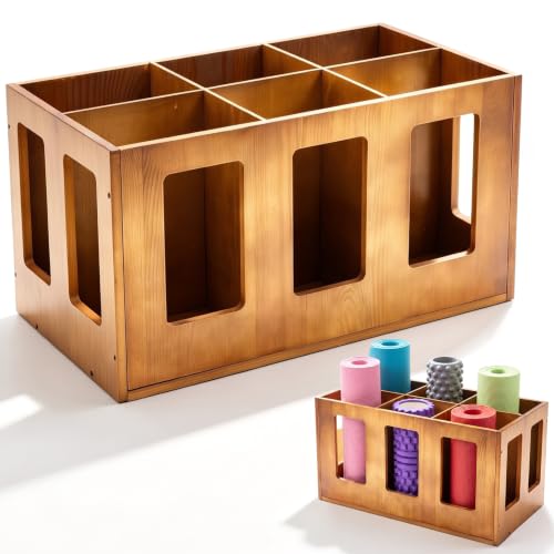 Sintuff Vintage Wood Yoga Mat Holder Storage Organizer Floor Standing Foam Roller Holder Rack for Home Yoga Mats Gym Sports Exercise Accessories Dumbbell Resistance Bands - color: Natural Wood, style: 6 Slot