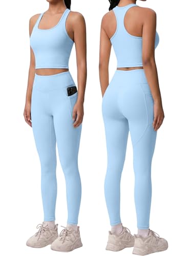 2 Piece Workout Sets for Women Racerback Tank High Waisted Pocket Leggings No Front Seam Tummy Control Butt Lifting - color: Sky Blue, size: Medium