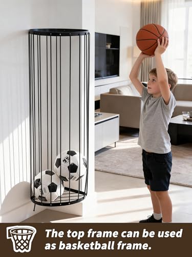 Garage Ball Storage Rack, Wall Mount Corner Holder with Elastic Cords Black