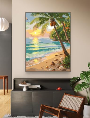 ZRIZQ Beach Paint by Numbers Kit for Adults Beginner,Landscape,16x20 | Full set with rich paints,wooden brushes,rolled canvas.Calming activity.Beginner friendly.Just open and paint. - color: 16"X20"Rolled Canvas-Beach 3
