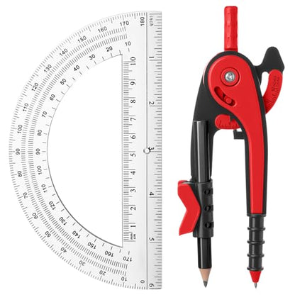 EBOOT Student Geometry Math Set, Drawing Compass and 6 Inch Clear Swing Arm Protractors 180 Degree Math Protractor(Red) - color: Red