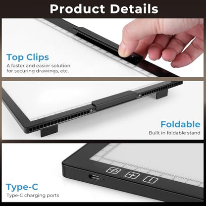 Rechargeable A4 Diamond Art Light Board with Stand, Tracing Light Box | Bylitodt 6 Brightness Artist Table with Clip, LightBoard for Drawing, Weeding Vinyl, Sketching, Diamond Painting Accessories - size: A4