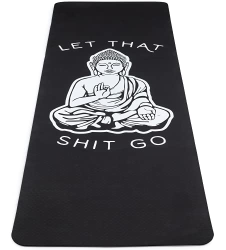 Yoga Mat - Large Print, Non-Slip Grip, TPE All Purpose, Black, Let That Go