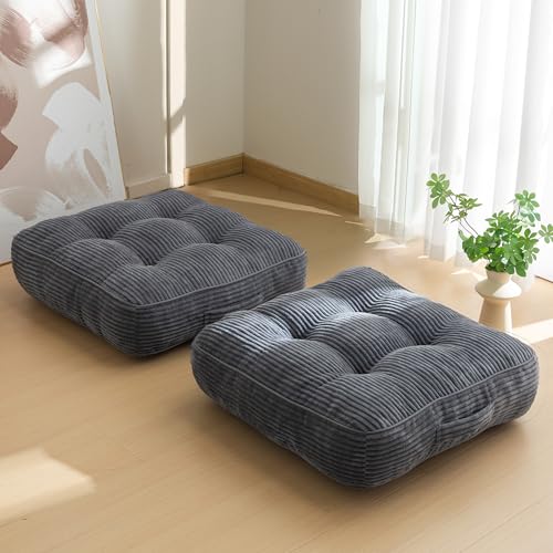 HIGOGOGO 6" Extra Thick Floor Pillow Cushion for Adults, Meditation Cushion Pillow, Large Square Floor Sitting, Tufted Corduroy Cover, for Tatami Living Room or Yoga, 22x22 Inch, 2Pack, Dark Grey - color: Square Dark Grey, size: 6" Thick(Pack of 2)