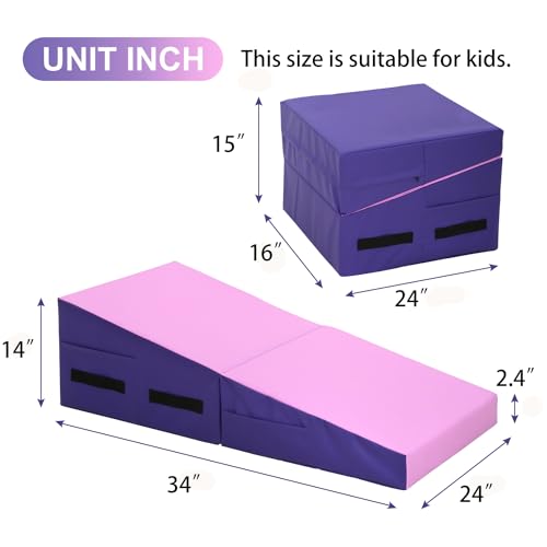 BLKMTY Incline Gymnastics Mat for Kids, 34"x24" Folding Tumbling Cheese Wedge Mats Kids Indoor Exercise Yoga Mat for Gymnastics Home Gym Mats W/Non-Slip PVC Surface and Handle - color: Pink & Purple