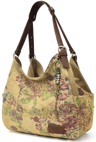 Worldlyda Women Canvas Hobo Purse Multi Pocket Tote Shopper Shoulder Bag Casual Top Handle handbag with Embroidery Ethnic - color: Be06brown Pattern 2