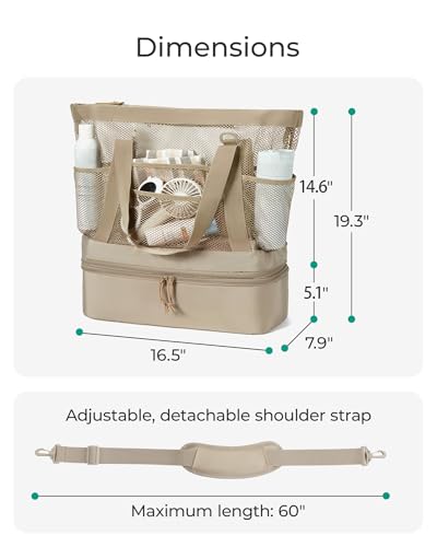 BAGSMART Beach Bag for Women, Mesh Tote Bags with Zipper, Sandproof Vacation Essentials with Cooler for Swim Cruise Pool - color: Beige