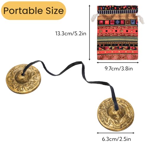 Meditation Chime Bells, 6.3 cm with Embossed Dragon Pattern | Tibetan Tingsha Cymbals with Drawstring Cloth Bag, Meditation Brass Bells for Percussion Instrument, Sound Healing, Yoga