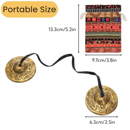 Meditation Chime Bells, 6.3 cm with Embossed Dragon Pattern | Tibetan Tingsha Cymbals with Drawstring Cloth Bag, Meditation Brass Bells for Percussion Instrument, Sound Healing, Yoga