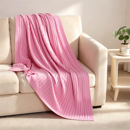 NTBAY Cotton Cable Knit Throw Blanket, 51 x 67, Pink - color: Pink, size: Throw(51"x67")