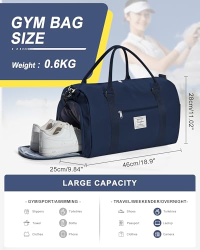 Gym Bag Womens Mens with Shoes Compartment and Wet Pocket Travel Duffel Bags for Women for Plane Sport Gym Tote Bags Swimming Yoga Waterproof Weekend Overnight Bag Carry on Bag Hospital Holdalls - color: A20-Dark Blue