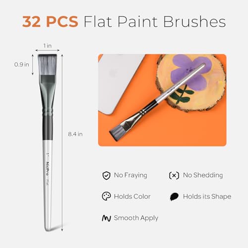 Nicpro 32pcs 1 Inch Flat Paint Brushes for Acrylic Painting, Large Paint Brushes Bulk for Acrylic Watercolor Oil, Artist Paint Brush Set for Canvas Painting, Base Coating, Crafts, Face, Group Use - size: 1 Inch x 32 pieces