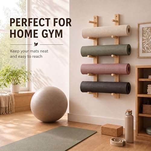 Cinnvoice 5 Tier Wooden Yoga Mat Holder Wall Mount, Adjustable Width | 35.4 x 7 x 2 Inches, Yoga Mat Storage Rack, Customizable Spacing for Foam Roller Home Gym Equipment Organizer Pilates Class