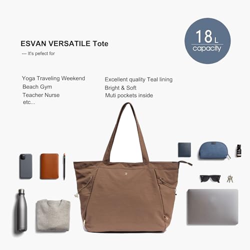ESVAN Yoga Tote Bag for Women Shoulder Bags Drawstring for Office Workout Travel Carryall Pilates Gym and Beach - color: Coffee