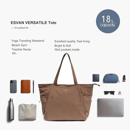 ESVAN Yoga Tote Bag for Women Shoulder Bags Drawstring for Office Workout Travel Carryall Pilates Gym and Beach - color: Coffee