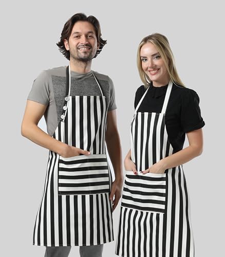 TOSHEX Kitchen Apron Cotton Waterdrop Resistant Adjustable Button Women Men | Premium Cotton Cooking Apron with Pocket. Striped, Gift, Black - color: Black
