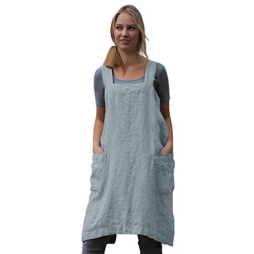 Larmliss Women's Pinafore Square Apron Baking Cooking Gardening Works Cross Back Cotton/Linen Blend Dress with 2 Pockets - color: Light Blue, size: XX-Large