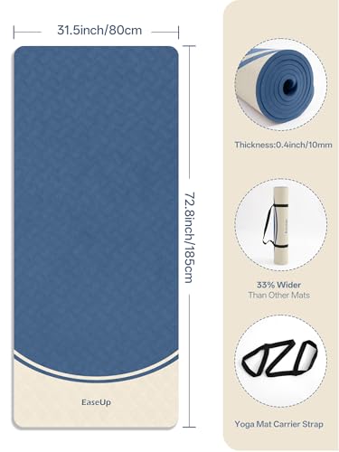 EaseUp 10mm Thick Yoga Mat, 73"×31.5" Extra Wide, Non-Slip with Strap - color: Blue