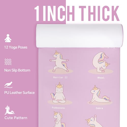 MABOZOO 1 Inch Thick Kids Yoga Mat with 12 Printed Poses - Non-Slip PU Leather Exercise Mat for Children - Safe Material Workout Mat for Home, School (60" x 24", Pink)