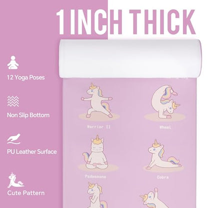 MABOZOO 1 Inch Thick Kids Yoga Mat with 12 Printed Poses - Non-Slip PU Leather Exercise Mat for Children - Safe Material Workout Mat for Home, School (60" x 24", Pink)