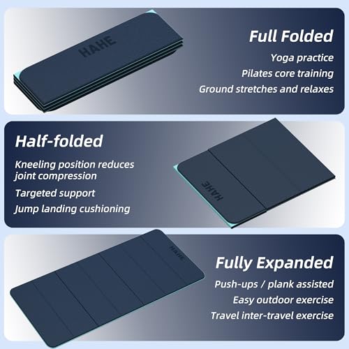 HAHE Foldable Yoga Exercise Mat, 74"Lx32"Wx1/3"Thick, TPE Workout Mat - color: Navy Blue+Green