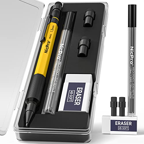 Nicpro MP2000 1.3mm Metal Mechanical Pencil Set with Case (Yellow) | 12 Black Lead Refill, Eraser, Weatherproof Heavy Duty Carpenter Pencils for Outdoor Woodworking Marking, Drafting, Drawing - style: 1 Pack (Yellow)