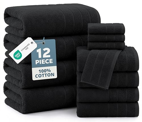 Casa Platino Towel Set Soft Absorbent Quick Dry 100% Cotton - Black | Towels And Washcloths Sets - Lightweight & Breathable, Fade-Resistant Color, Classic Terry Weave, Densely Woven - color: 03: Black, size: 12 Piece Towel Set