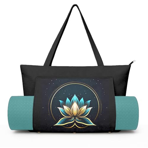Yoga Bag for Women, Large Canvas Yoga Mat Tote Bag with Yoga Mat Carrier | Large Mat Pocket Fitness Tote for Pilates, Gym, Travel, Office & Beach - color: Black Lotus