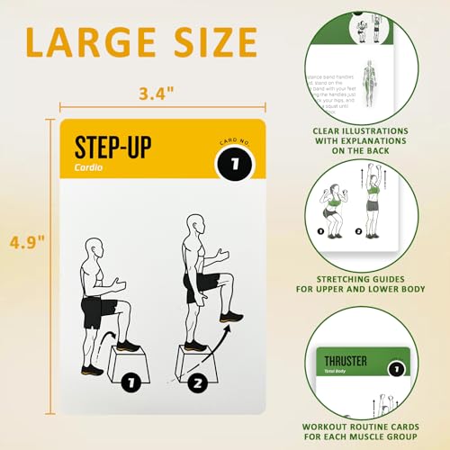 Bodyweight & Resistance Belt Workout Cards, 100 Different Exercise Cards with Detailed Illustrations, Large Size 5" x 3.5" Fitness Cards for Women & Men - color: b. Green1