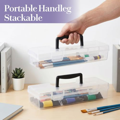 4 Pack Paint Brush Case - Portable Clear Plastic Brush Storage Box with Black Handle, 13 x 3.5 x 2.25 Inches Heavy Duty Organizer for Artists