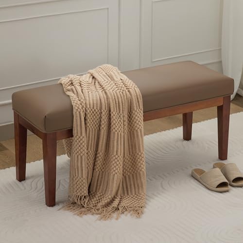 WUTUTUEE 43.5'' Faux Leather Bedroom Bench, Upholstered End of Bed Bench, Padded Vintage Dining Bench, Entryway Bench with Solid Wood Legs, Kitchen, Living Room, Hallway, Brown - color: Brown-pu