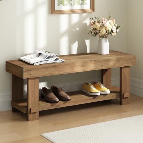 42.5" Solid Wood Bench, Long Farmhouse Narrow Entryway Bench, Natural | with Storage Shelf, Rustic, Easy Assembly, for End of Bed, Indoor, Entryway, Dining Room, Bedroom, Living Room and Hallway - size: 42.5"W