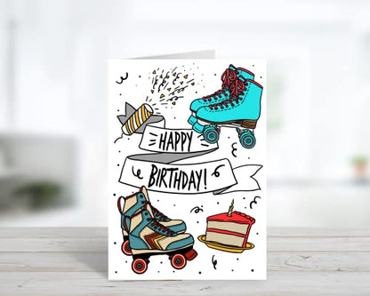 Roller Skate and Cake Birthday Card | Fun and Colorful Happy Birthday Card | Colorful Roller Skating Card - style: Skate