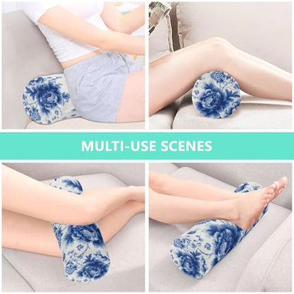 Blue and White Peony Flowers Butterfly Neck Roll Pillow Bolster Round Health Memory Foam Long Cervical Cylinder Pillows with Removable Washable Cover for Body Bed Legs Back Yoga - color: Blue and White Peony Flowers Leaf