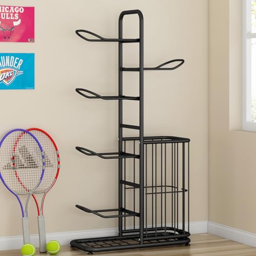 Sports Ball Storage Rack | Adjustable Vertical Stand for Basketball, Soccer, Volleyball & More | Durable Steel Organizer for Garage |5-Ball |45.7 inches, black - size: 5-Balls with Basket