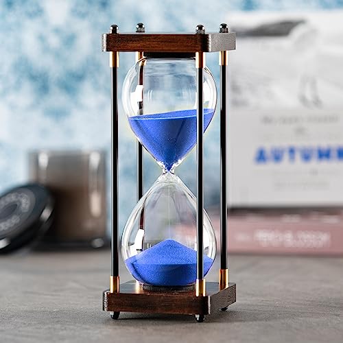 SAMLONG Large Hourglass Timer 60 Minute, Decorative Wood Sand Timer, Blue | 1 Hour Metal Sand Clock, Modern Office Home Décor - color: Blue Sand